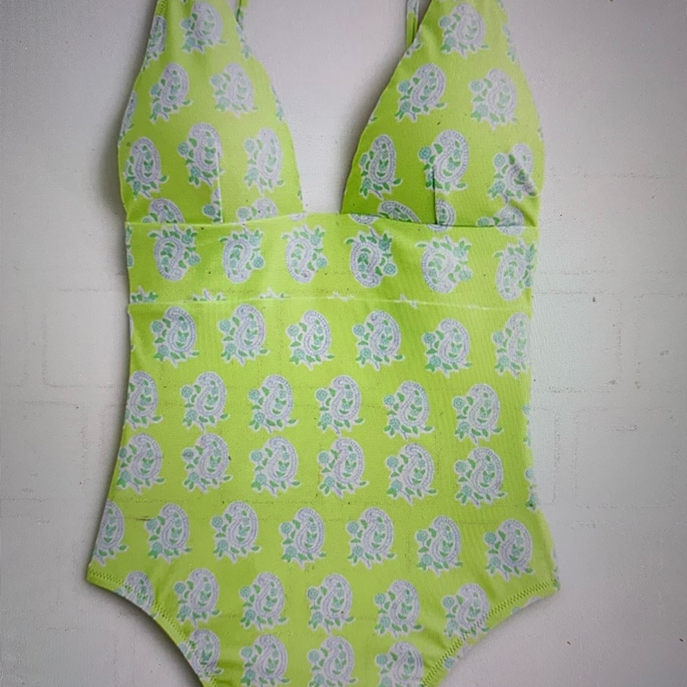 Beautiful Blockprint J.Crew plunge NWT one piece swimsuit in green paisley size